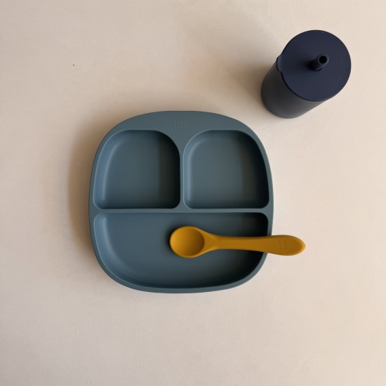 Baby Led Weaning Set Plate + Training Cup with straw  + Spoon Mix blue/curry/navy