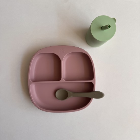 Baby Led Weaning Set Plate + Training Cup with straw  + Spoon Mix pink/sage/green