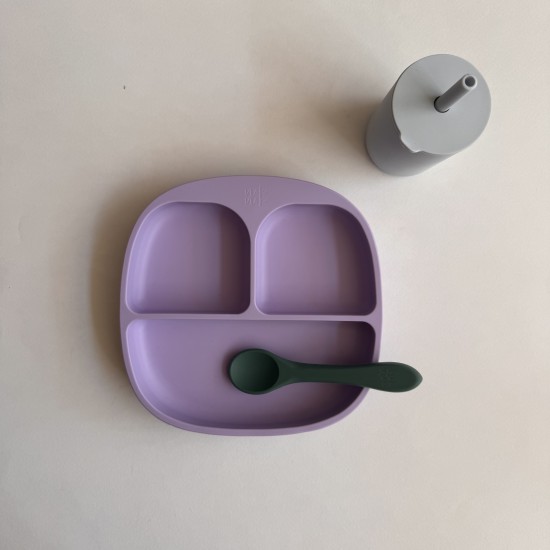 Baby Led Weaning Set Plate + Training Cup with straw  + Spoon Mix lavender/green/grey