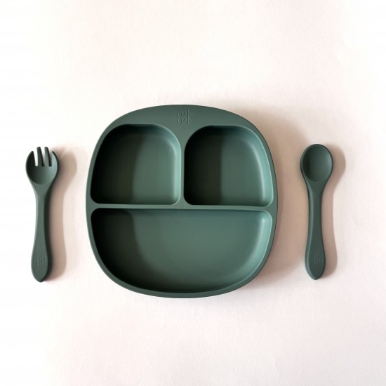 Mum I am hungry | Set Plate + Fork +Spoon Forest Green 