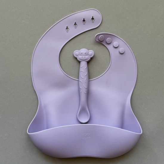 Set Silicone Bib Nino and Spoon Monkey Lavender 